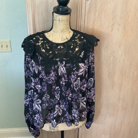 Veronica Beard silk floral black purple lace fairy pleat sleeve blouse goth 12 - Picture 4 of 15